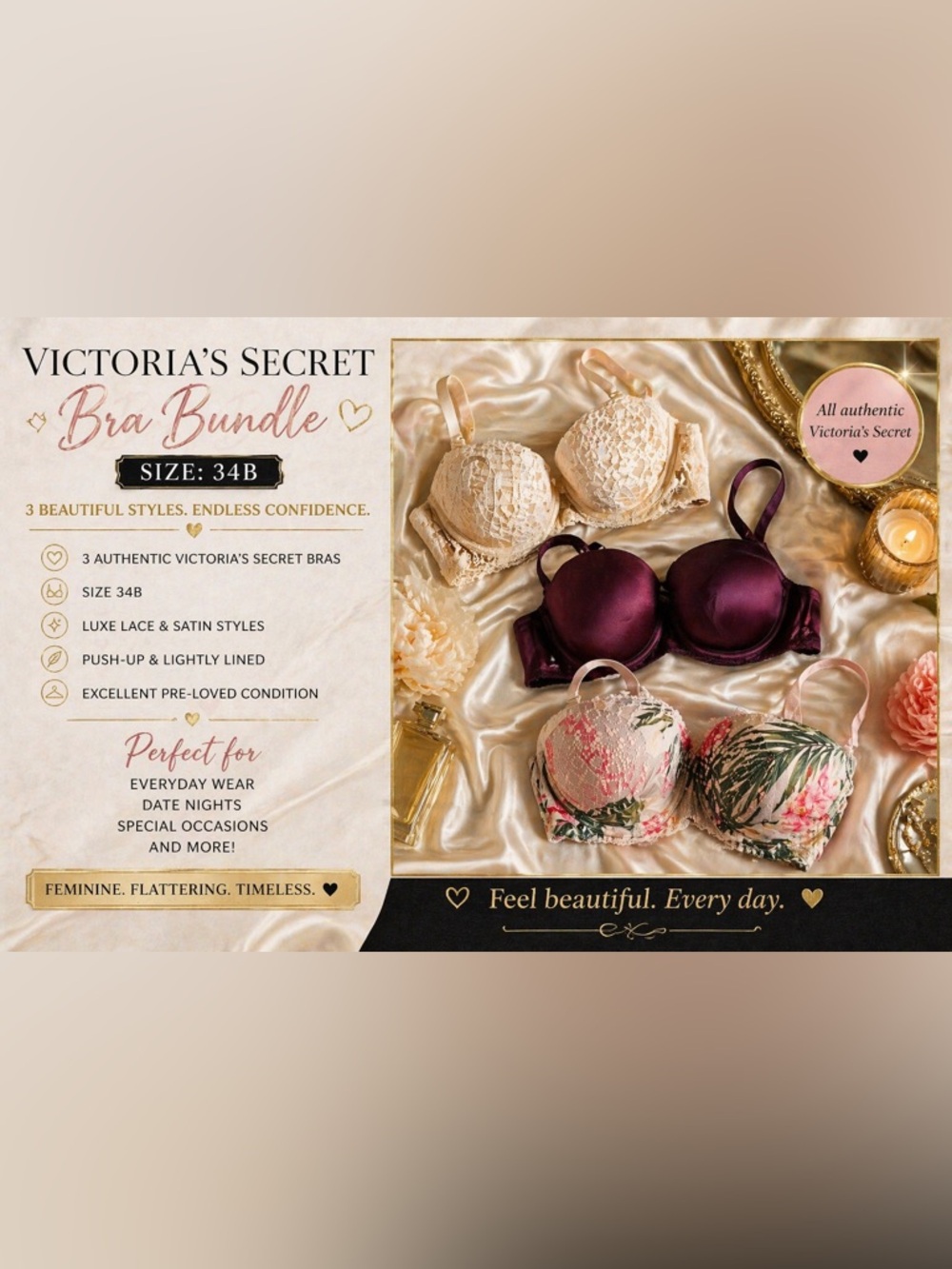 Victoria’s Secret Luxe Bra Bundle 32B | Lace & Satin Push-Up Romantic Collection